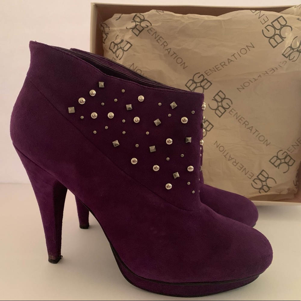 BCBG Model Purple Suede Studded Ankle Boots